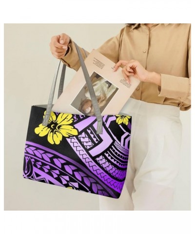 Top Handle Handbags for Women Polynesian Tribal Print Large PU Leather Tote Shoulder Bags Purple Polynesian Flower $25.84 Totes