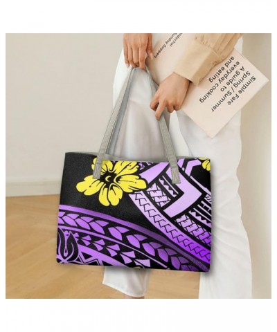 Top Handle Handbags for Women Polynesian Tribal Print Large PU Leather Tote Shoulder Bags Purple Polynesian Flower $25.84 Totes