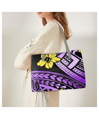 Top Handle Handbags for Women Polynesian Tribal Print Large PU Leather Tote Shoulder Bags Purple Polynesian Flower $25.84 Totes