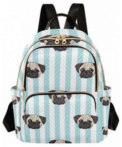 Women Backpack Pug Cartoon Blue Stripes Anti-Theft Travel Backpack with Luggage Belt Lightweight Handbag Lady Purse Roomy Dou...