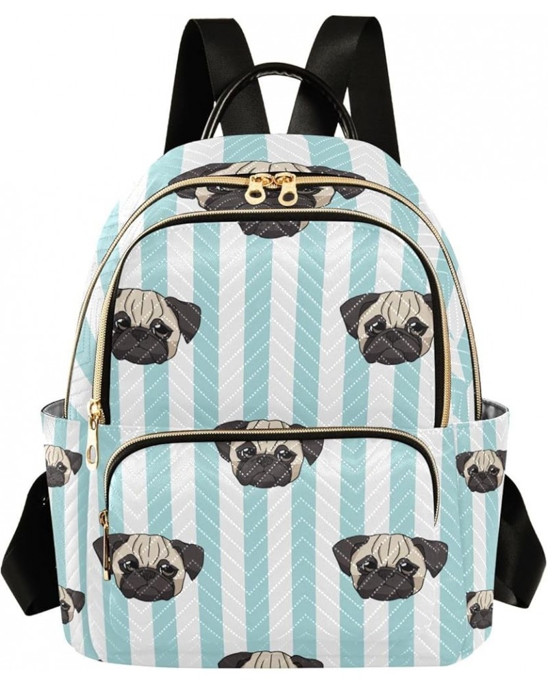 Women Backpack Pug Cartoon Blue Stripes Anti-Theft Travel Backpack with Luggage Belt Lightweight Handbag Lady Purse Roomy Dou...