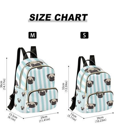 Women Backpack Pug Cartoon Blue Stripes Anti-Theft Travel Backpack with Luggage Belt Lightweight Handbag Lady Purse Roomy Dou...