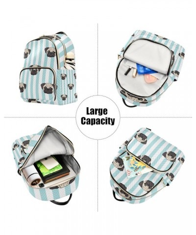 Women Backpack Pug Cartoon Blue Stripes Anti-Theft Travel Backpack with Luggage Belt Lightweight Handbag Lady Purse Roomy Dou...