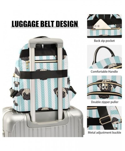 Women Backpack Pug Cartoon Blue Stripes Anti-Theft Travel Backpack with Luggage Belt Lightweight Handbag Lady Purse Roomy Dou...