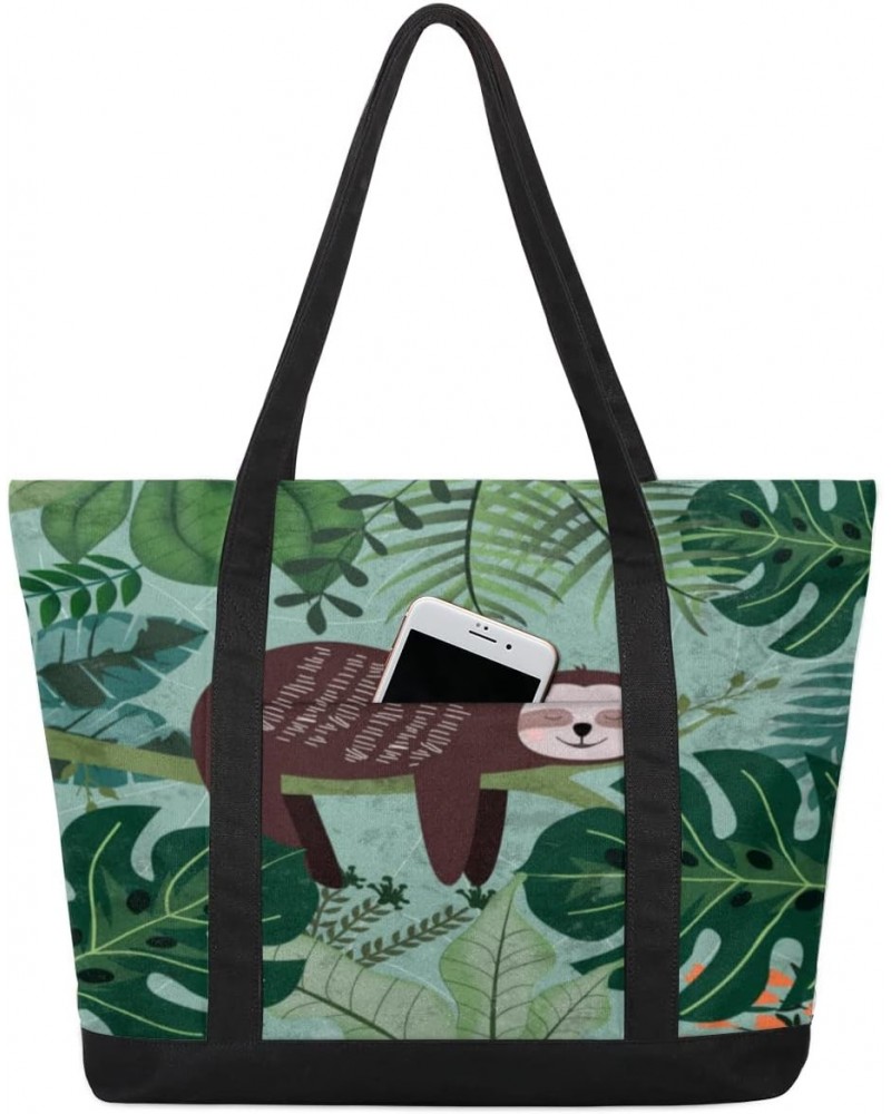 Jungle Sloth Canvas Totes Shoulder Bag for Women Girls, Palm Leaves Animal Handbag with External Pockets Daily Essentials Lar...