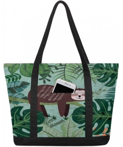 Jungle Sloth Canvas Totes Shoulder Bag for Women Girls, Palm Leaves Animal Handbag with External Pockets Daily Essentials Lar...