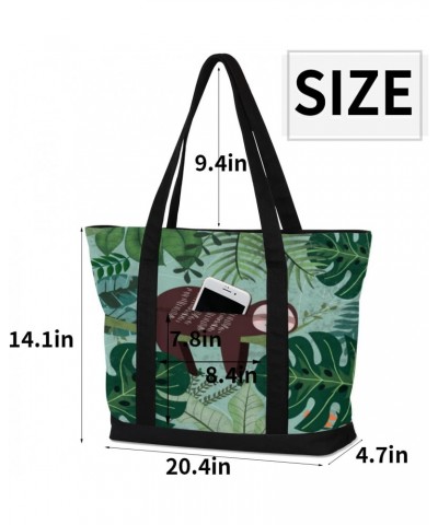 Jungle Sloth Canvas Totes Shoulder Bag for Women Girls, Palm Leaves Animal Handbag with External Pockets Daily Essentials Lar...