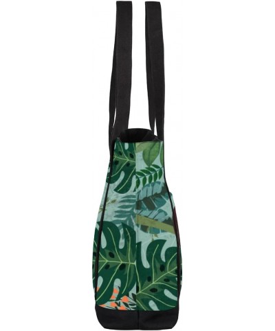 Jungle Sloth Canvas Totes Shoulder Bag for Women Girls, Palm Leaves Animal Handbag with External Pockets Daily Essentials Lar...