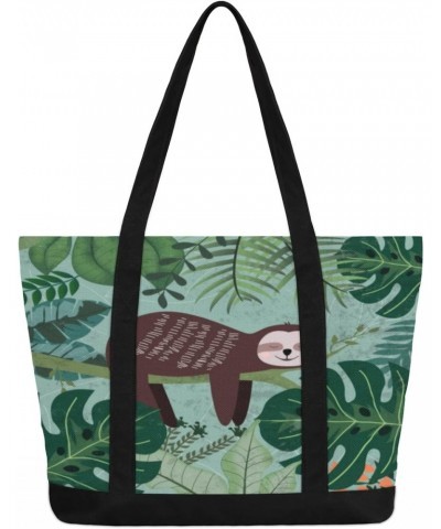 Jungle Sloth Canvas Totes Shoulder Bag for Women Girls, Palm Leaves Animal Handbag with External Pockets Daily Essentials Lar...