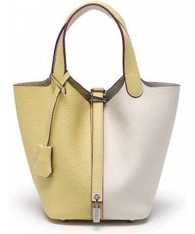 Women's Handbag Leather Lychee Pattern Top Vegetable Basket with Lock Bucket Bag Solid Color Tote Bag S Chick Yellow Cream Wh...