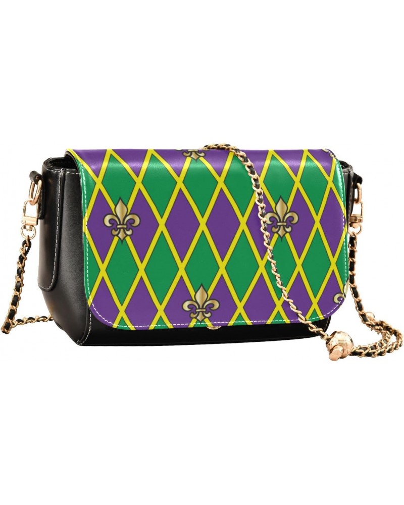 Mardi Gras Crossbody Handbag Diamond Purple Green Gold Fleur De Lis PU Leather Shoulder Bag Sturdy Travel Pouch Compact Chic ...