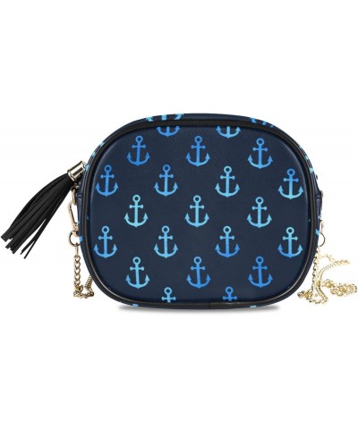 Small Crossbody Bag Marine Blue Anchor Pattern Womens Shoulder Chain Bag PU Leather Small Purse With Tassel $10.08 Shoulder Bags