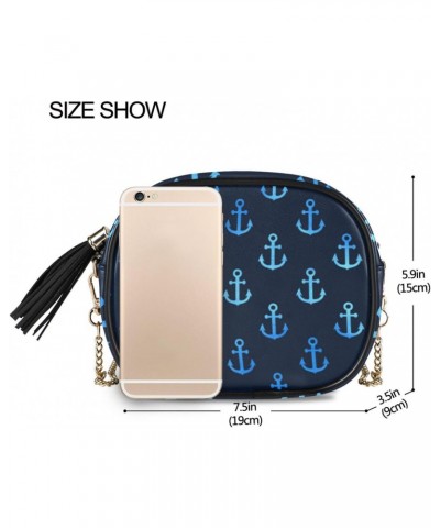 Small Crossbody Bag Marine Blue Anchor Pattern Womens Shoulder Chain Bag PU Leather Small Purse With Tassel $10.08 Shoulder Bags