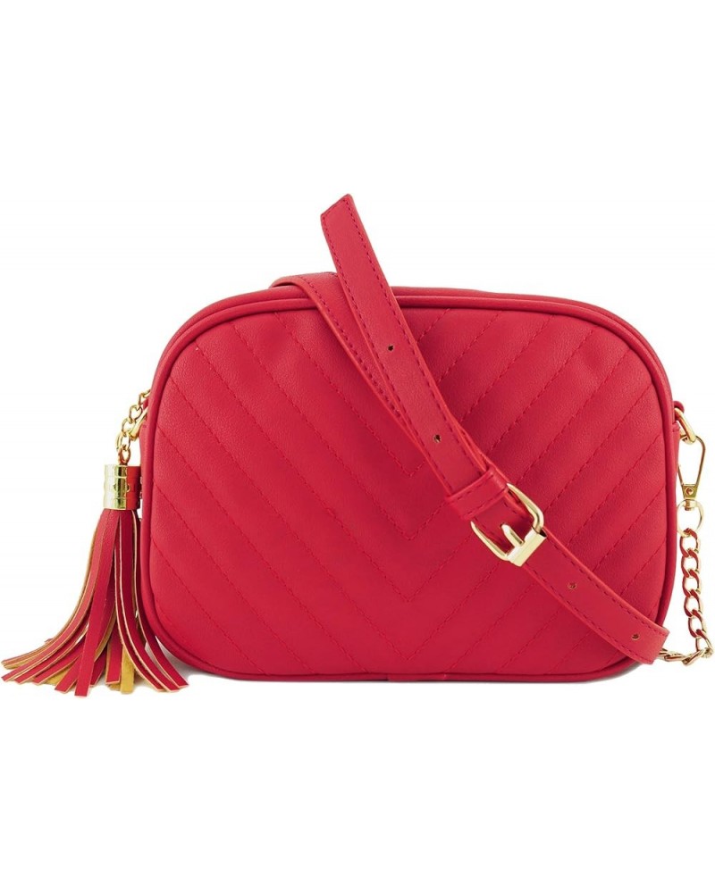 Simple Shoulder Crossbody Bag With Metal Chain Strap And Tassel Top Zipper Red $12.41 Crossbody Bags