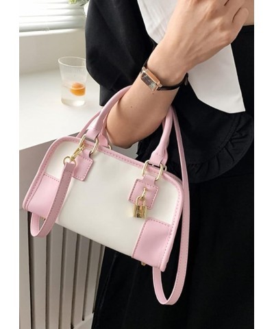 Women Small Tote Bag Boston Bags Small Lock Pendant Shoulder Bags Satchel Purse-Black Pink $27.30 Totes