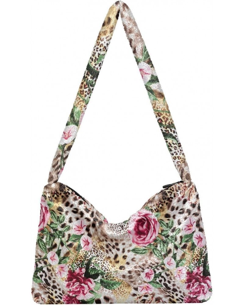 Leopard Flower Shoulder Tote Bags for Women Furry Crossbody bag Hobo Handbag Purses for Travel College Work $9.45 Totes