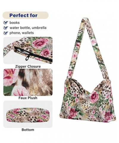 Leopard Flower Shoulder Tote Bags for Women Furry Crossbody bag Hobo Handbag Purses for Travel College Work $9.45 Totes