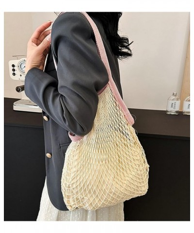 Nylon Rope Travel Beach Fishing Net Handbag Shopping Woven Shoulder Bag Mesh Tote Bag Knit Purse for Women 2024 Pink $14.57 S...