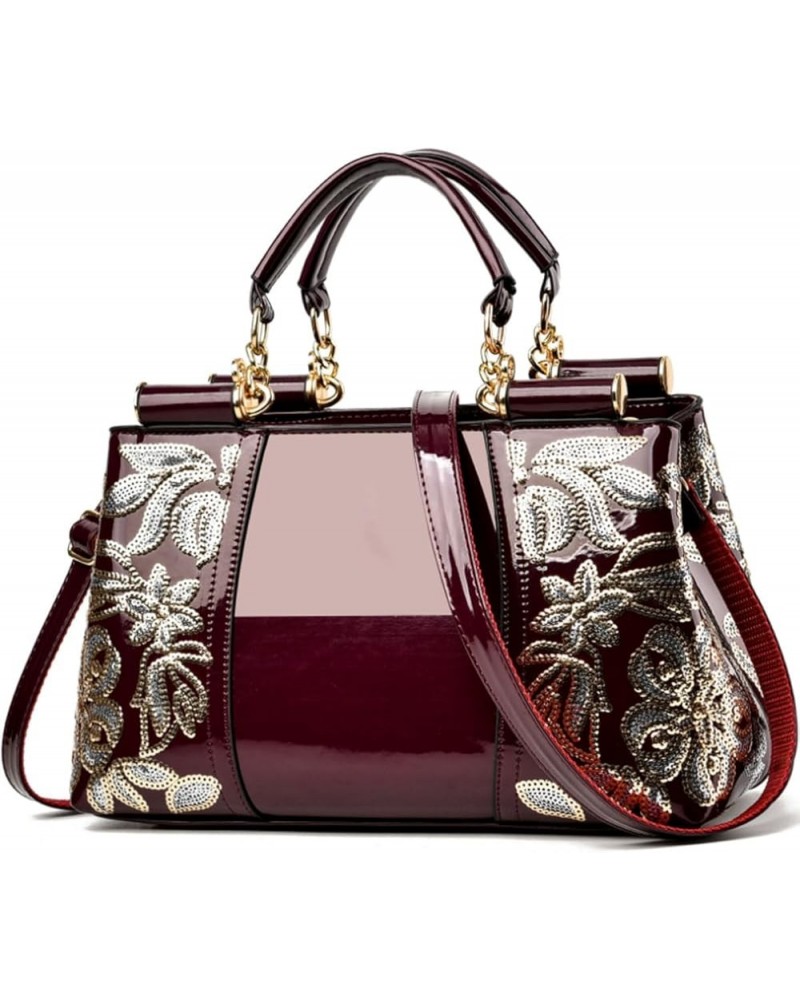 Women Patent Leather Fashion Handbags Double Sided Sequin Embroidery Shoulder Bag Top Handle Satchel Purse Wine $18.44 Satchels