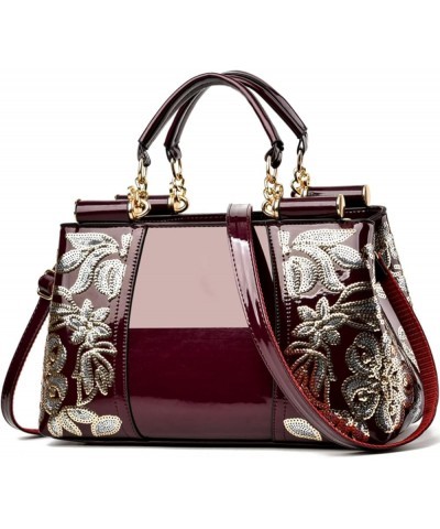 Women Patent Leather Fashion Handbags Double Sided Sequin Embroidery Shoulder Bag Top Handle Satchel Purse Wine $18.44 Satchels