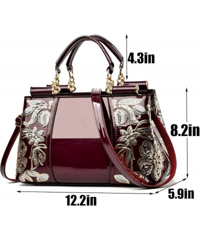 Women Patent Leather Fashion Handbags Double Sided Sequin Embroidery Shoulder Bag Top Handle Satchel Purse Wine $18.44 Satchels