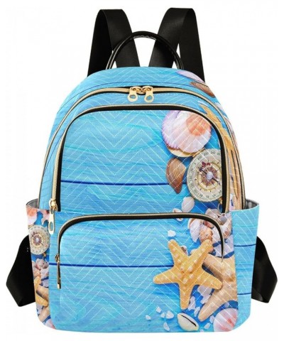 Backpack Purse for Women Summer Time Starfish Sea Shells, Mini Fashion Backpack Blue Wooden Table Lightweight Casual Daypack ...