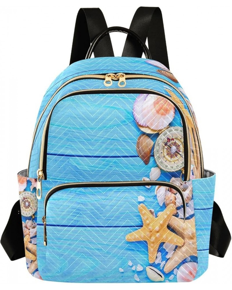 Backpack Purse for Women Summer Time Starfish Sea Shells, Mini Fashion Backpack Blue Wooden Table Lightweight Casual Daypack ...