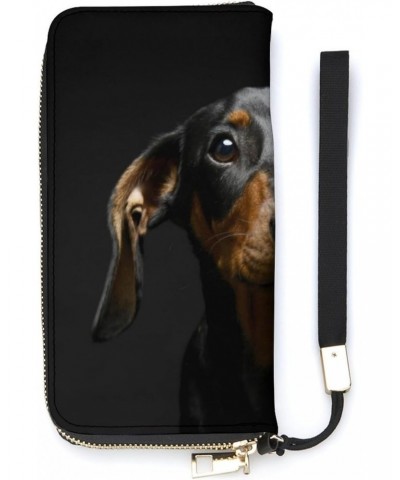 Puppy Dachshund Dog in Dark Novelty Wallet with Wrist Strap Long Cellphone Purse Large Capacity Handbag Wristlet Clutch Walle...