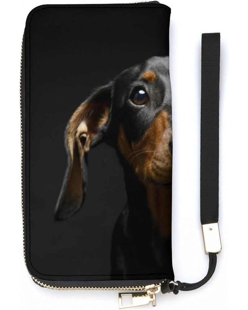 Puppy Dachshund Dog in Dark Novelty Wallet with Wrist Strap Long Cellphone Purse Large Capacity Handbag Wristlet Clutch Walle...