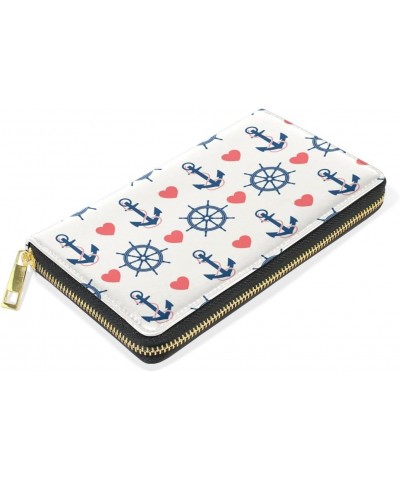 Women Genuine Leather Wallet Purse Heart Shape Anchor Pattern Card Holder Organizer Zip Around Clutch $18.19 Wallets