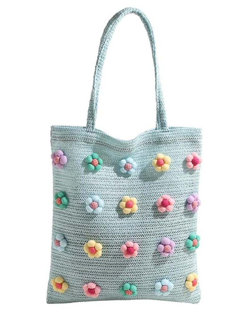 Sweet Flower Straw Beach Bag Large Handwoven Casual Tote Bag Top Handle Bag Holiday Travel Handbag for Women and G Blue $10.1...