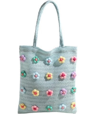 Sweet Flower Straw Beach Bag Large Handwoven Casual Tote Bag Top Handle Bag Holiday Travel Handbag for Women and G Blue $10.1...