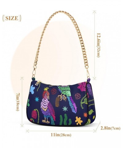 Women Chain Shoulder Purse Bag With Zipper Embroidery Bird Floral Print, Flower Plant Hobo Tote Clutch Handbags with Chain St...