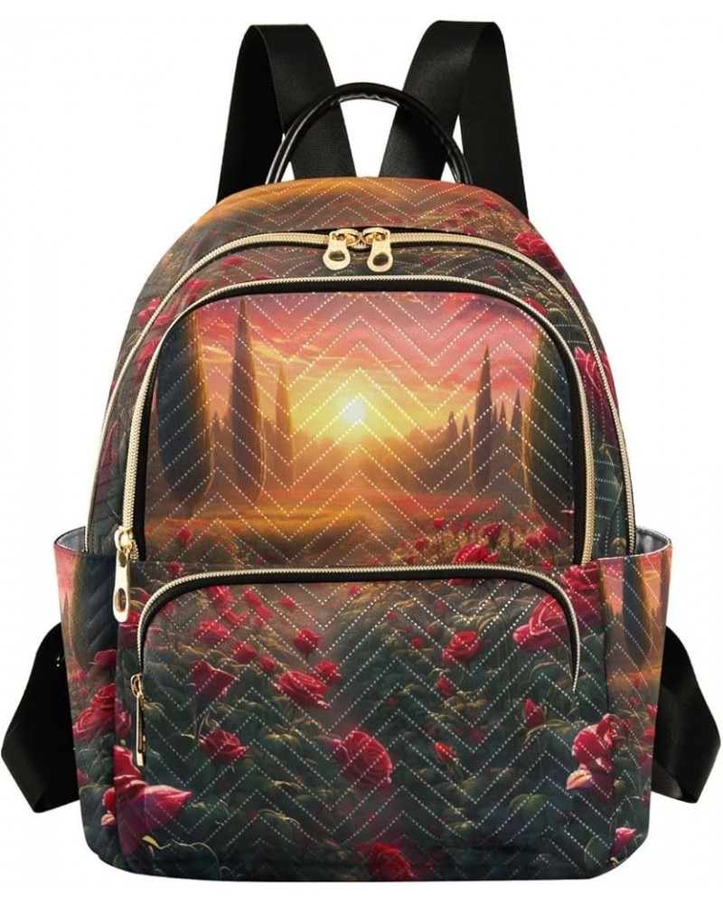 Roses in a Field at Sunset Fashion Daypack, Women's Purse Backpack, Anti Theft Backpack for Women Travel, S Beautiful Red Ros...