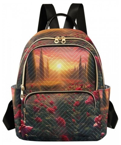 Roses in a Field at Sunset Fashion Daypack, Women's Purse Backpack, Anti Theft Backpack for Women Travel, S Beautiful Red Ros...