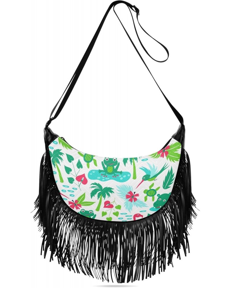 Cartoon Tropical Animals Plants Fringe Bag for Women Cross Body Bag Tassel Shoulder Bag Satchel $13.23 Shoulder Bags