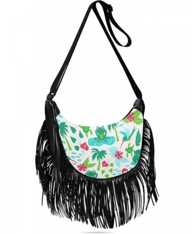 Cartoon Tropical Animals Plants Fringe Bag for Women Cross Body Bag Tassel Shoulder Bag Satchel $13.23 Shoulder Bags