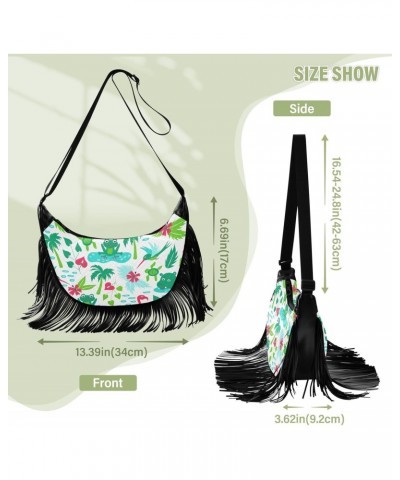 Cartoon Tropical Animals Plants Fringe Bag for Women Cross Body Bag Tassel Shoulder Bag Satchel $13.23 Shoulder Bags