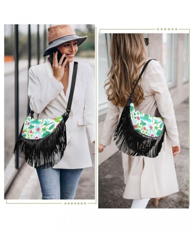 Cartoon Tropical Animals Plants Fringe Bag for Women Cross Body Bag Tassel Shoulder Bag Satchel $13.23 Shoulder Bags