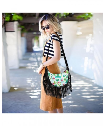 Cartoon Tropical Animals Plants Fringe Bag for Women Cross Body Bag Tassel Shoulder Bag Satchel $13.23 Shoulder Bags