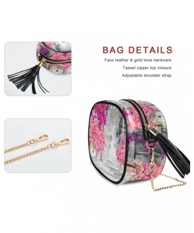 Small Crossbody Bag Spring Pink Cherry Blossom Womens Shoulder Chain Bag PU Leather Small Purse With Tassel $13.43 Shoulder Bags