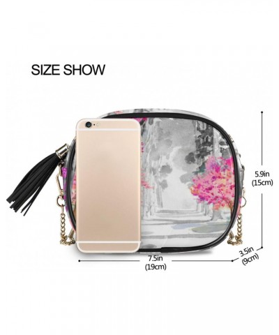 Small Crossbody Bag Spring Pink Cherry Blossom Womens Shoulder Chain Bag PU Leather Small Purse With Tassel $13.43 Shoulder Bags