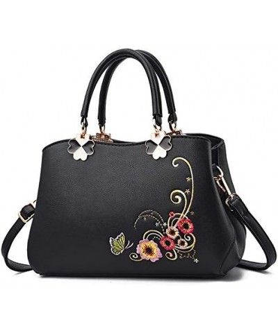 Women's Simple Handbag Fashionable Embroidered Soft Leather Shoulder Bag Ladies Shoulder Bags Crossbody Tote Bags (Black) Bla...