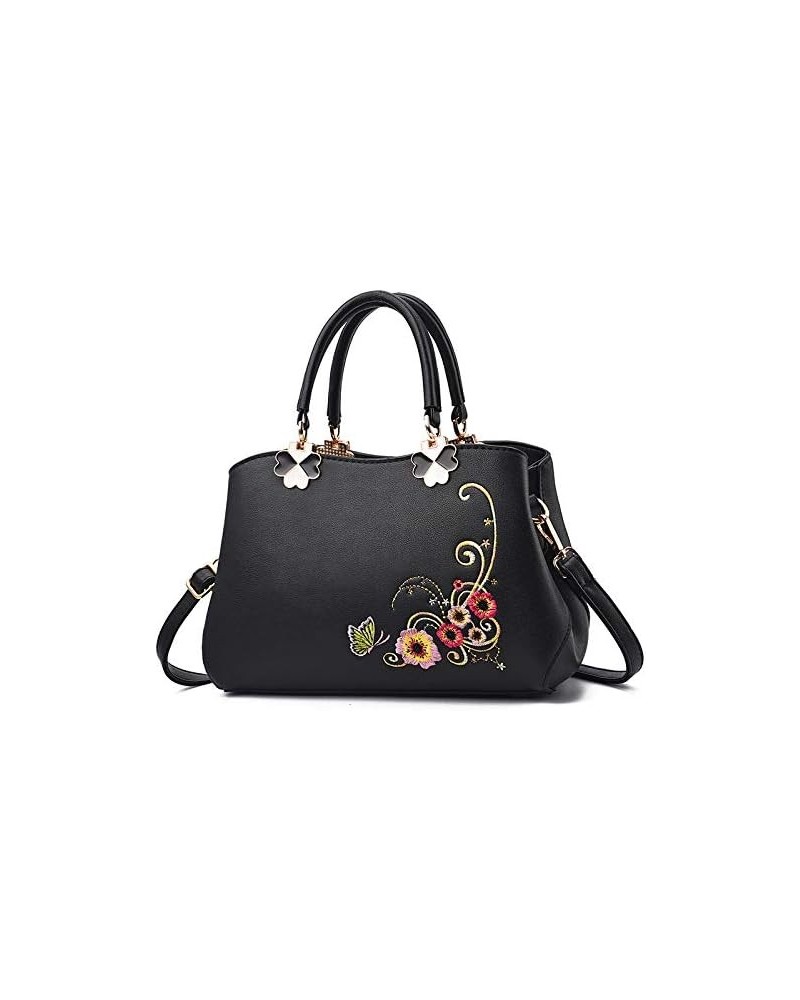 Women's Simple Handbag Fashionable Embroidered Soft Leather Shoulder Bag Ladies Shoulder Bags Crossbody Tote Bags (Black) Bla...