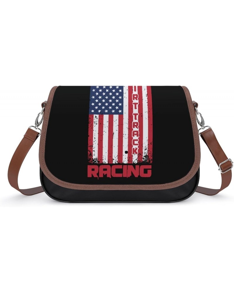 Dirt Track Racing American Flag Women's Crossbody Bag PU Messenger Bag Shoulder Handbag Pocket Purse for Travel Office $18.45...