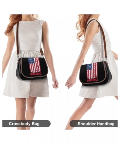 Dirt Track Racing American Flag Women's Crossbody Bag PU Messenger Bag Shoulder Handbag Pocket Purse for Travel Office $18.45...