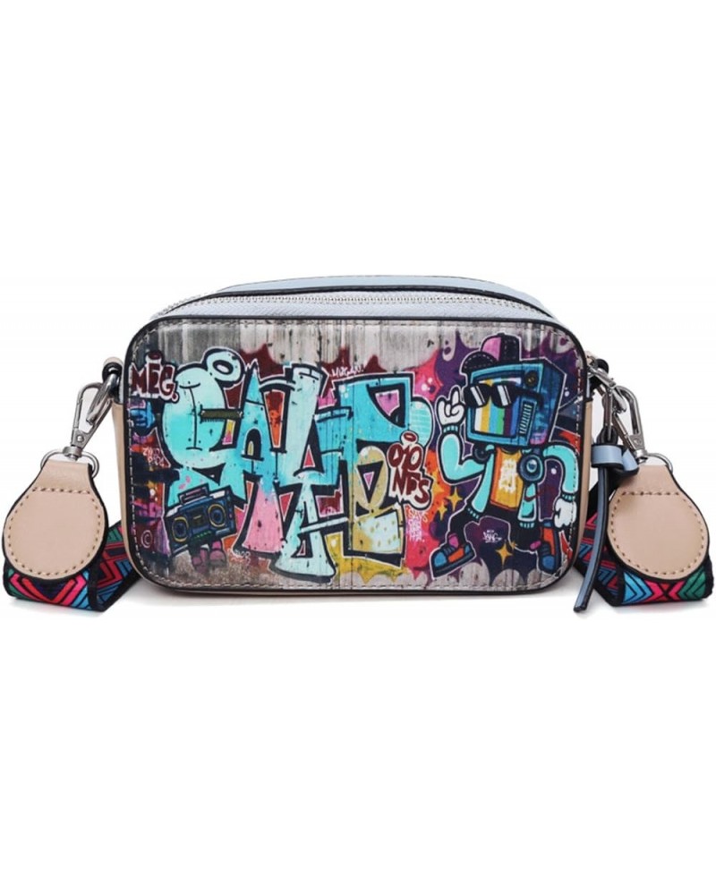 Personalized Graffiti Camera Bag Women's Korean Style Fashion Wide Shoulder Strap PU Crossbody Small Square Bag Blue $29.31 T...