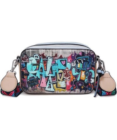 Personalized Graffiti Camera Bag Women's Korean Style Fashion Wide Shoulder Strap PU Crossbody Small Square Bag Blue $29.31 T...