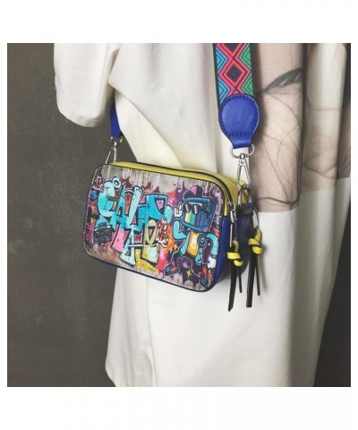 Personalized Graffiti Camera Bag Women's Korean Style Fashion Wide Shoulder Strap PU Crossbody Small Square Bag Blue $29.31 T...