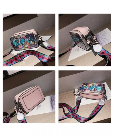 Personalized Graffiti Camera Bag Women's Korean Style Fashion Wide Shoulder Strap PU Crossbody Small Square Bag Blue $29.31 T...